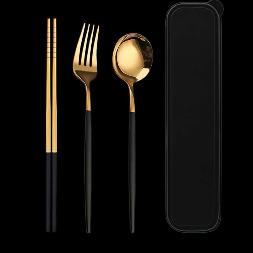 Gold and Black Stainless Steel Cutlery Set with Carry Case